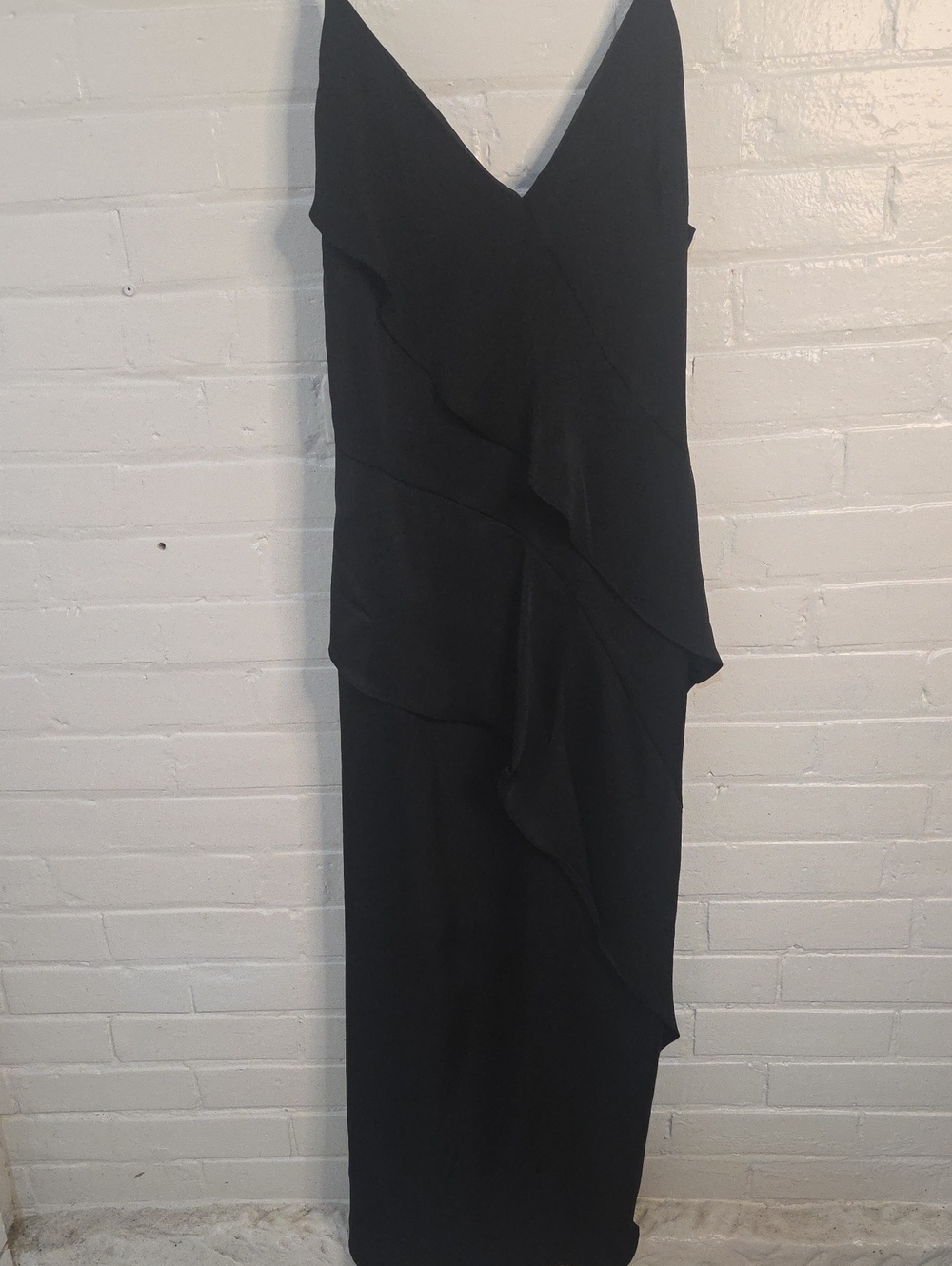 Sleek Black Maxi Slip Dress with Asymmetric Ruffle